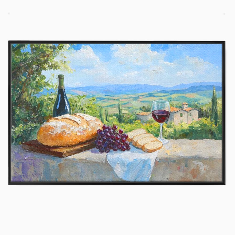 Tablou canvas cu tablou canvas cu natura moarta si peisaj toscan, in rama de aluminiu negru