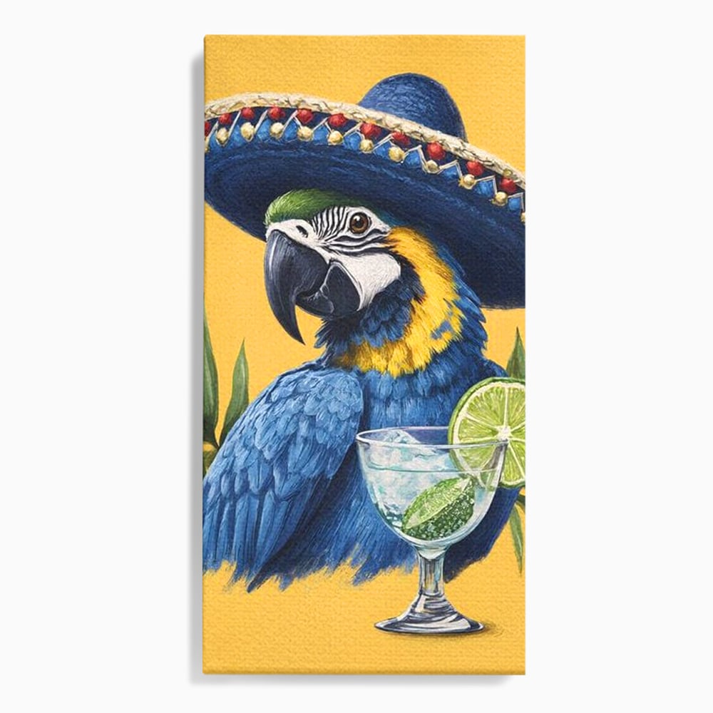 Tablou canvas cu tablou canvas cu papagal si sombrero, fara rama, pe sasiu de lemn