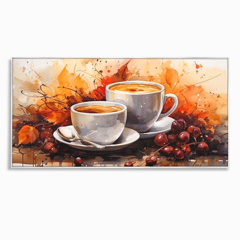 Tablou canvas cu pictura cu doua cesti de cafea si frunze de toamna, in rama de aluminiu argintiu