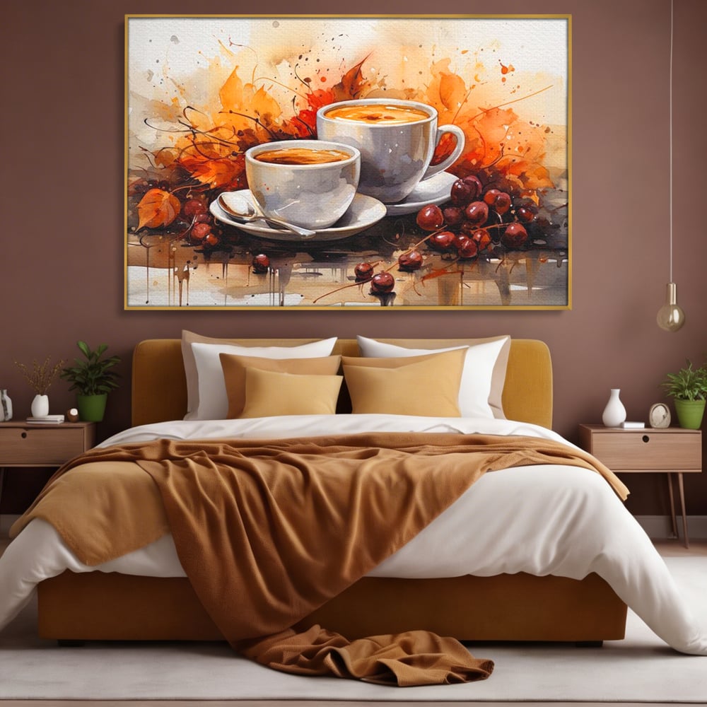 Tablou canvas cu pictura cu doua cesti de cafea si frunze de toamna, in rama de aluminiu auriu, pe perete intr-un dormitor