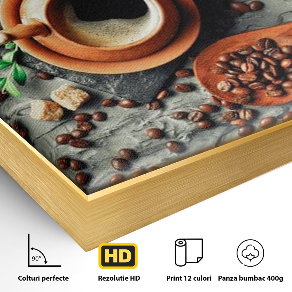Detaliu al suprafetei: ceasca de cafea si boabe, in rama de aluminiu auriu