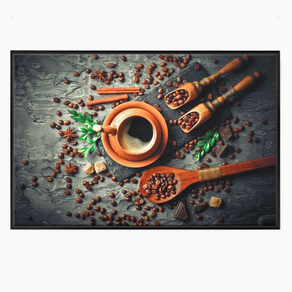 Tablou canvas cu ceasca de cafea si boabe, in rama de aluminiu negru