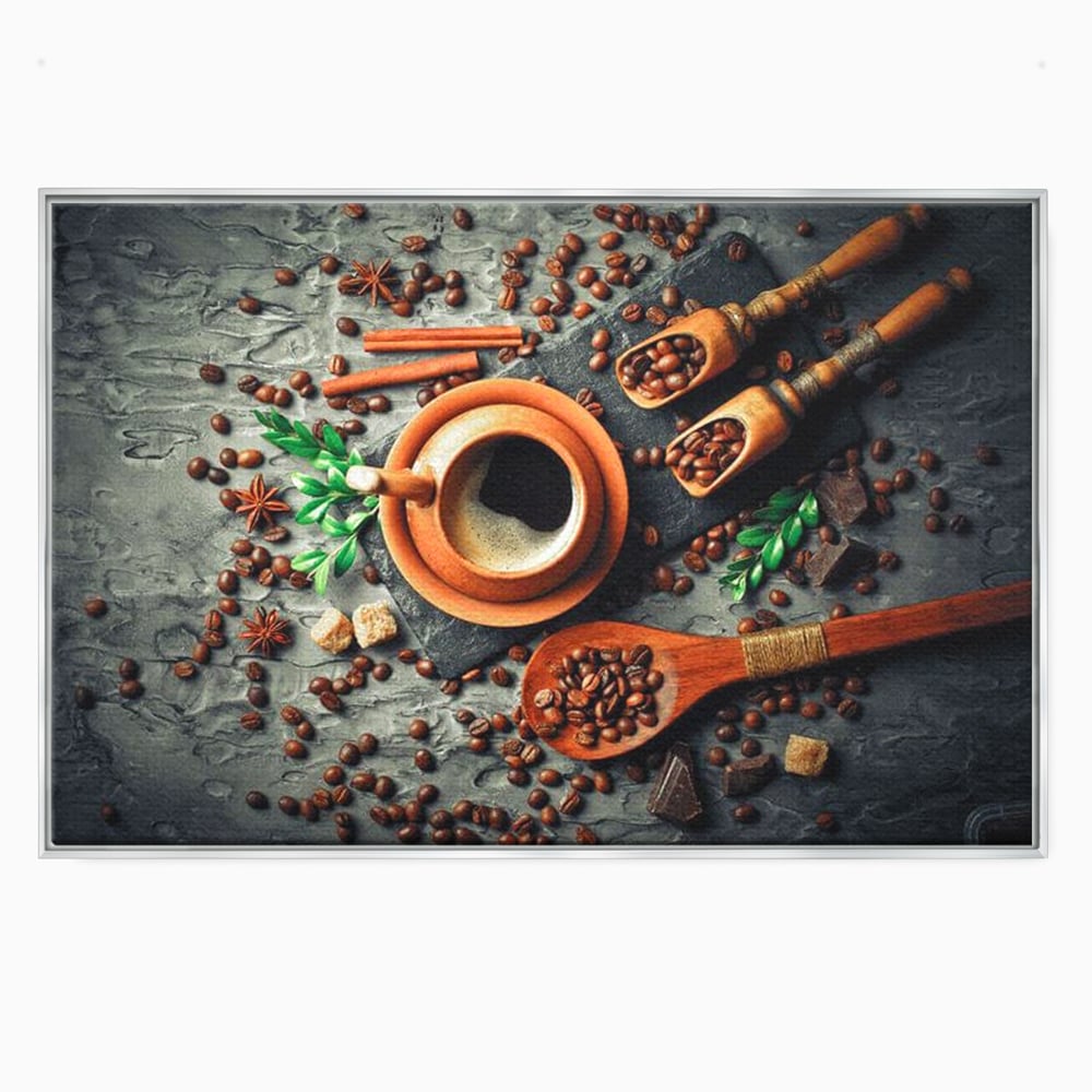 Tablou canvas cu ceasca de cafea si boabe, in rama de aluminiu argintiu