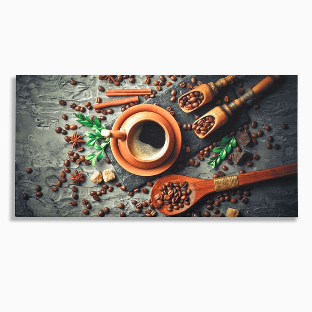 Tablou canvas cu ceasca de cafea si boabe, fara rama, pe sasiu de lemn