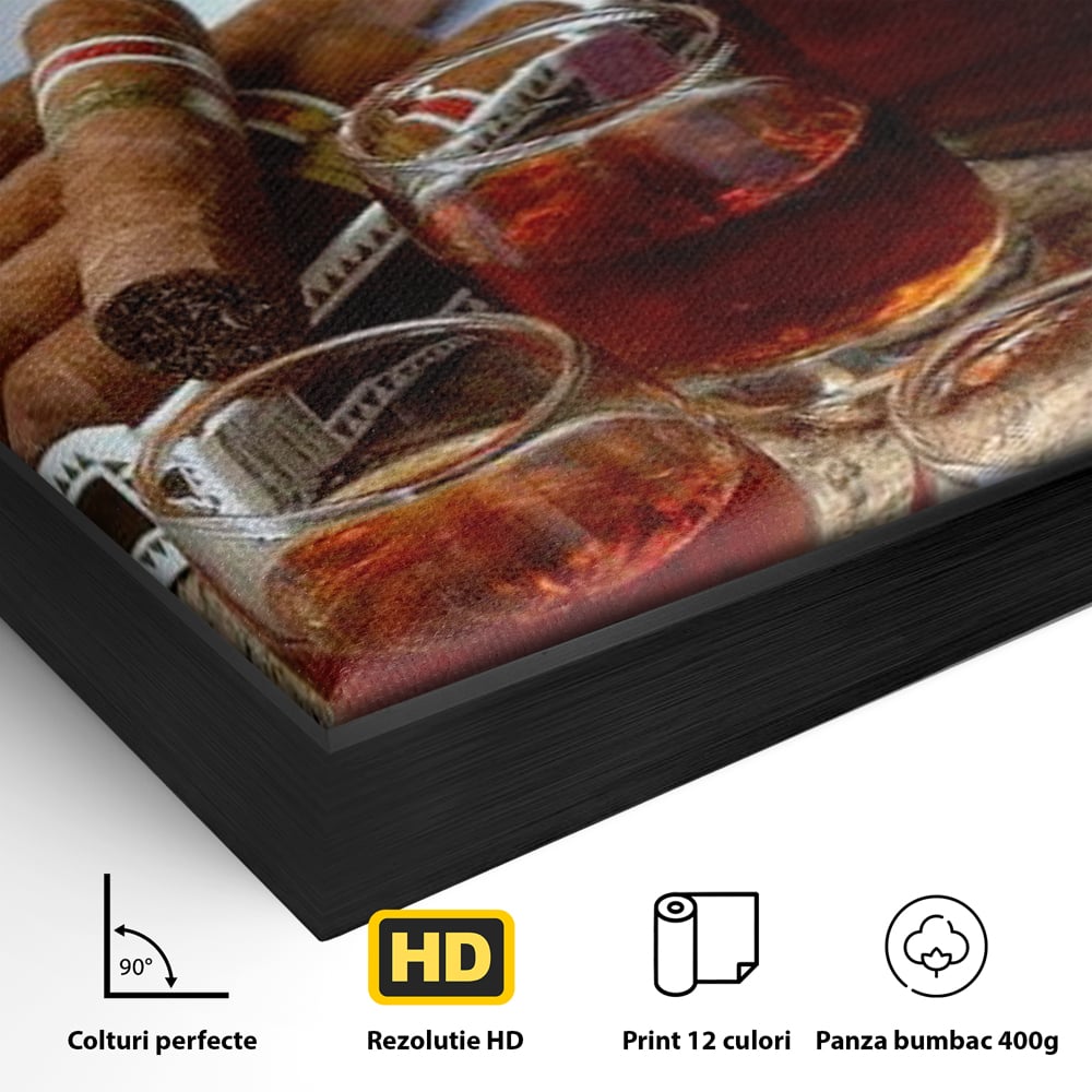 Detaliu al suprafetei: tablou canvas cu sticla de coniac si trabucuri, in rama de aluminiu negru