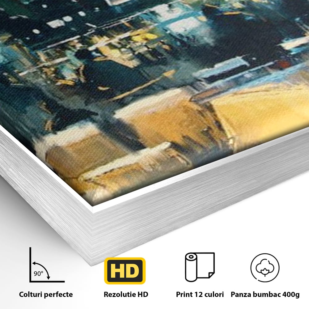 Detaliu al suprafetei: pictura urbana cu pub luminat noaptea, in rama de aluminiu argintiu