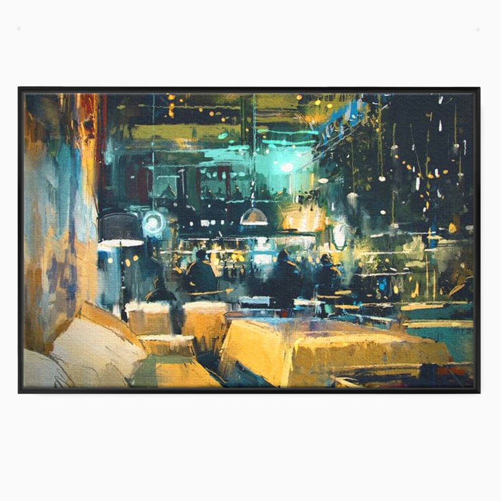 Tablou canvas cu pictura urbana cu pub luminat noaptea, in rama de aluminiu negru