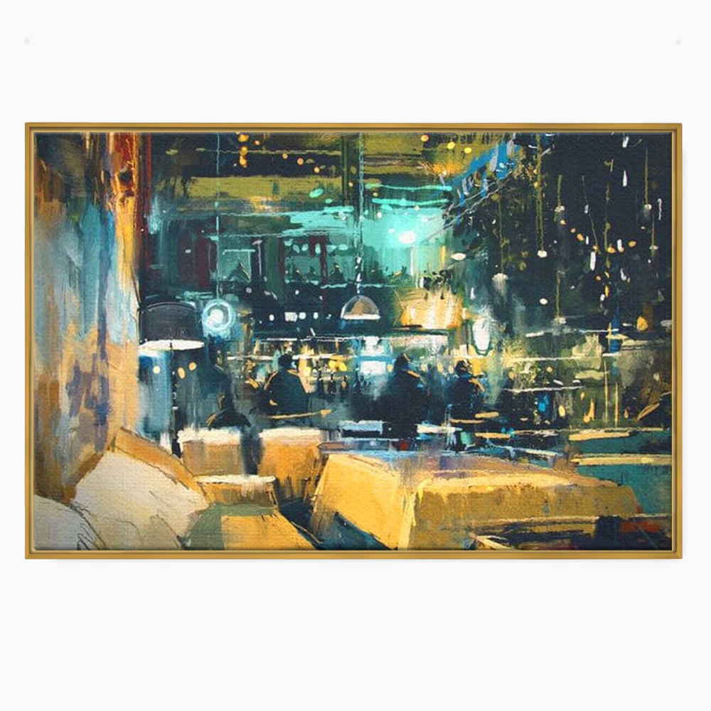 Tablou canvas cu pictura urbana cu pub luminat noaptea, in rama de aluminiu auriu