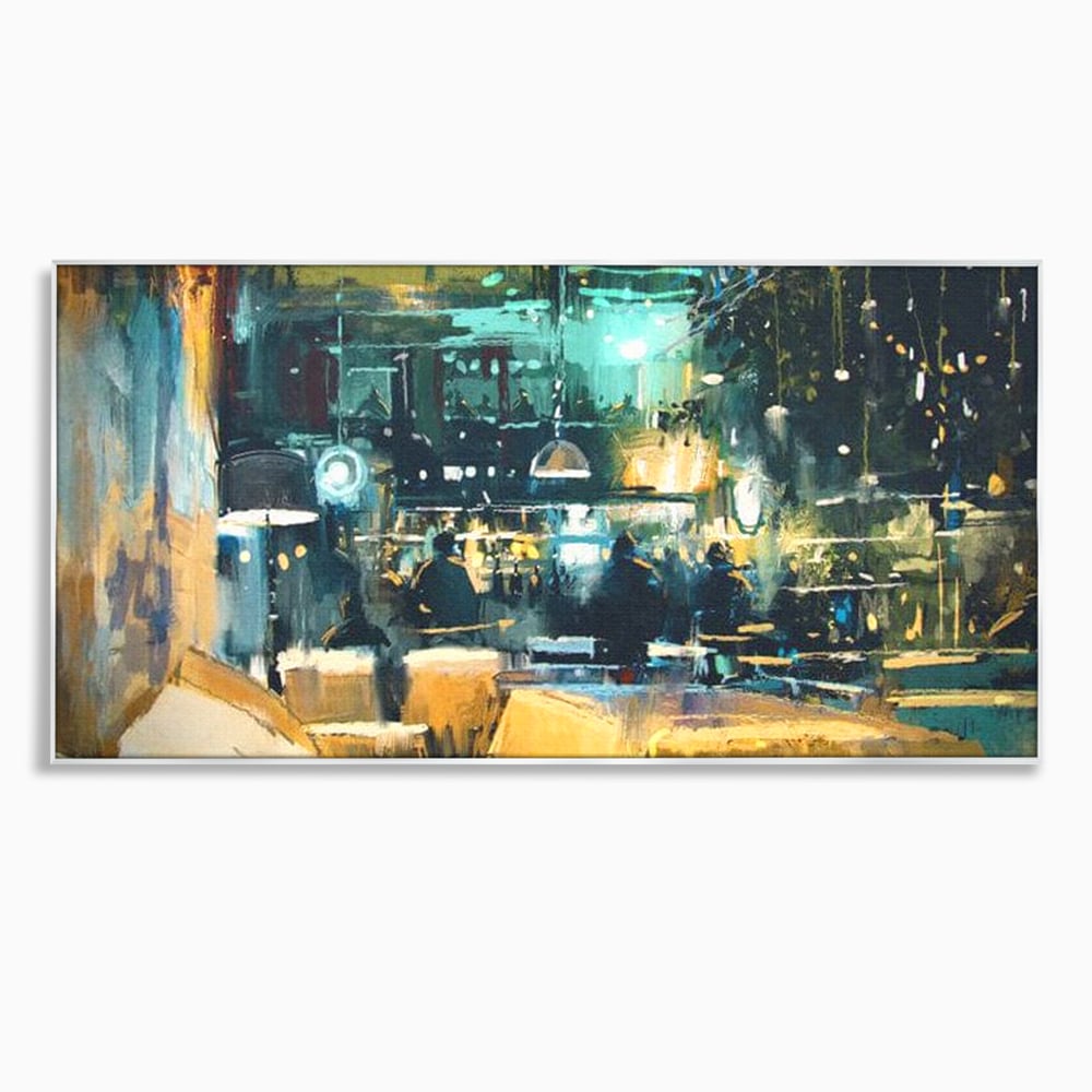 Tablou canvas cu pictura urbana cu pub luminat noaptea, in rama de aluminiu argintiu