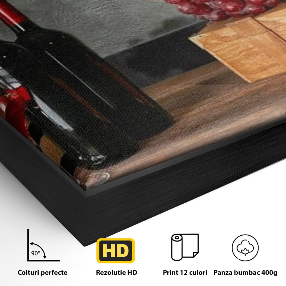 Detaliu al suprafetei: tablou canvas cu sticle si struguri, in rama de aluminiu negru
