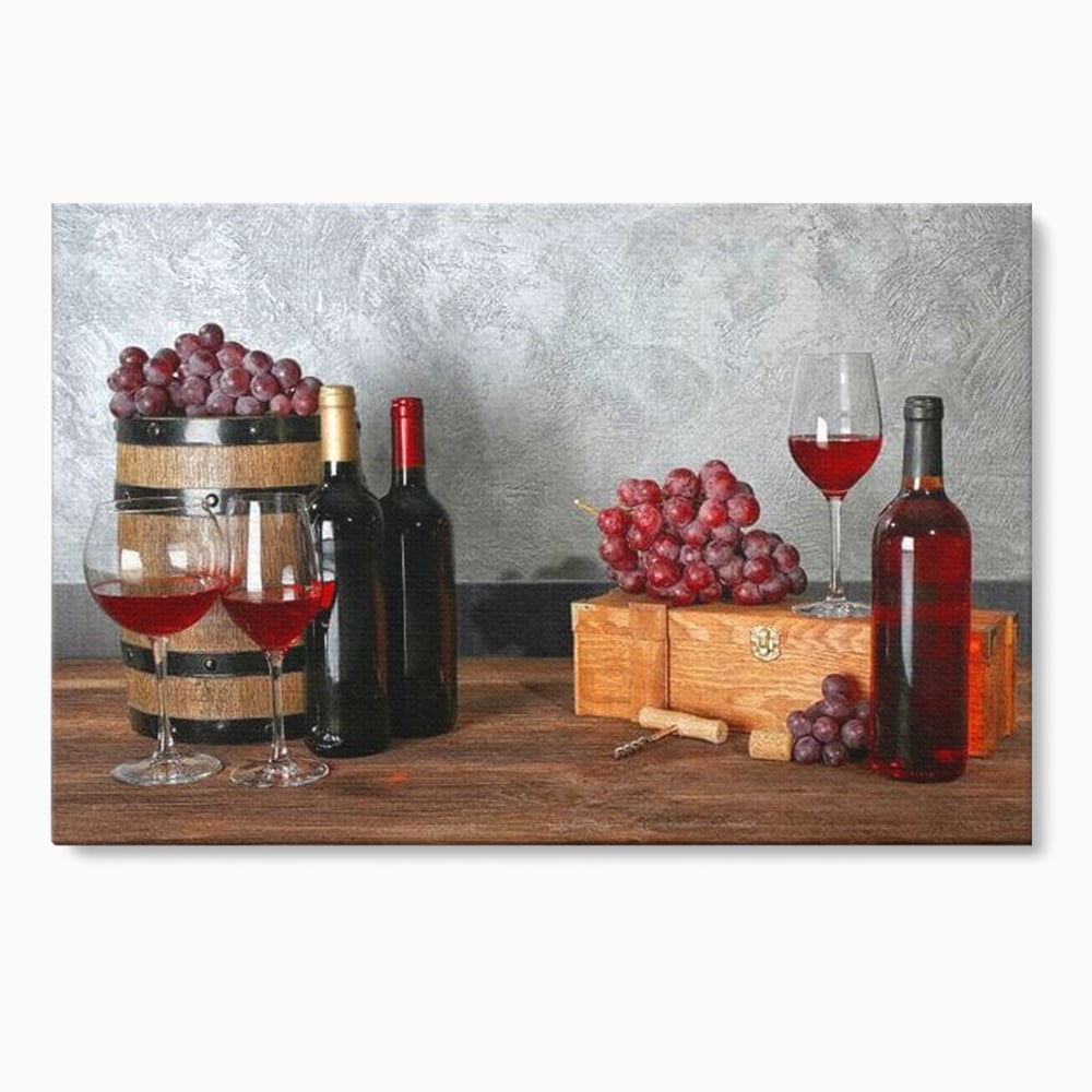 Tablou canvas cu tablou canvas cu sticle si struguri, fara rama, pe sasiu de lemn