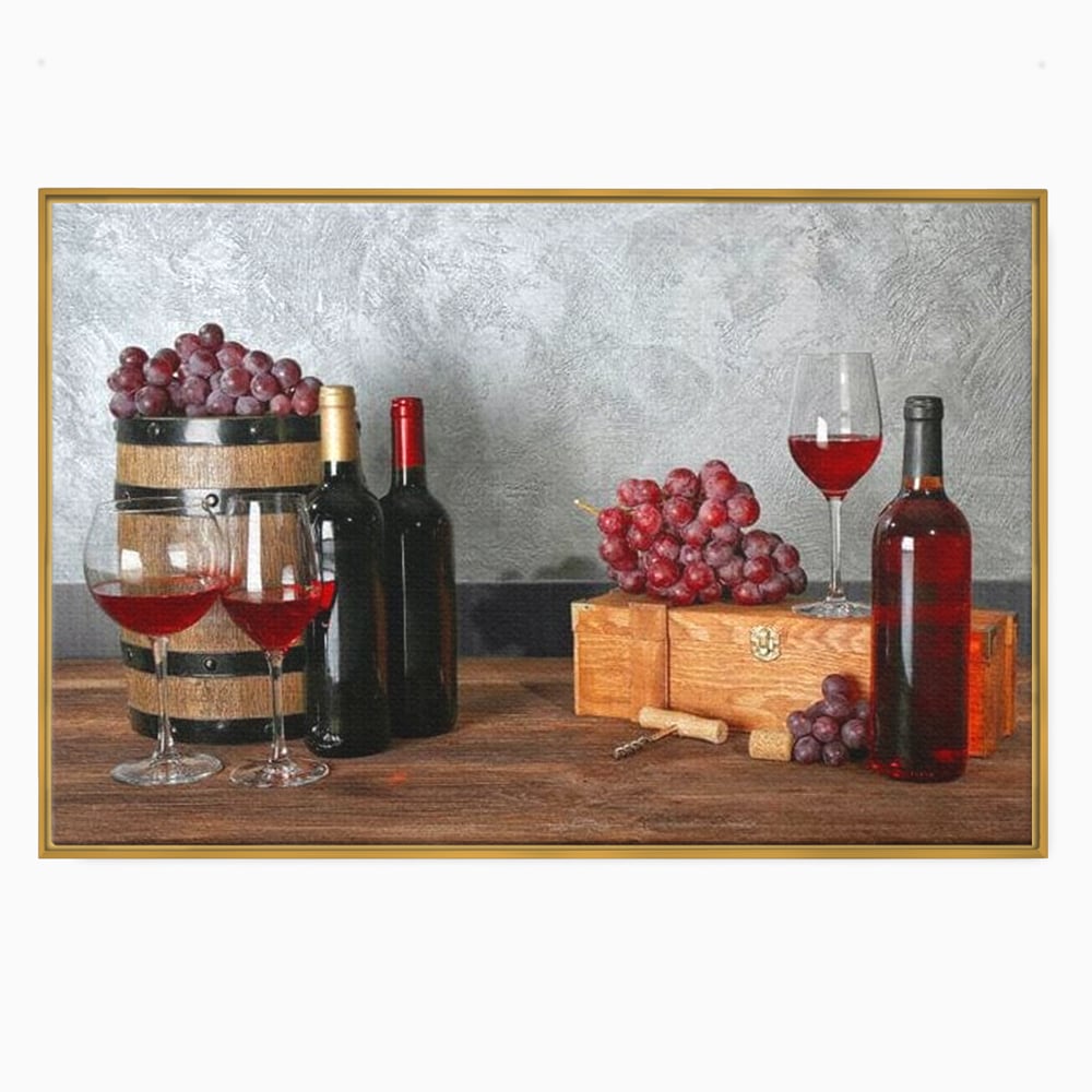 Tablou canvas cu tablou canvas cu sticle si struguri, in rama de aluminiu auriu