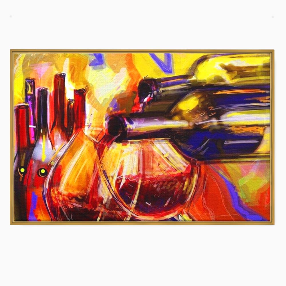 Tablou canvas cu pictura abstracta cu sticle si pahare de vin, in rama de aluminiu auriu