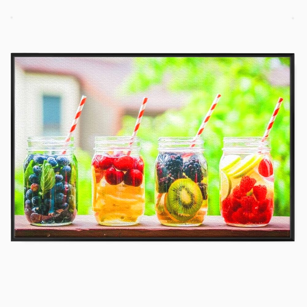 Tablou canvas cu patru borcane cu limonada de fructe, in rama de aluminiu negru