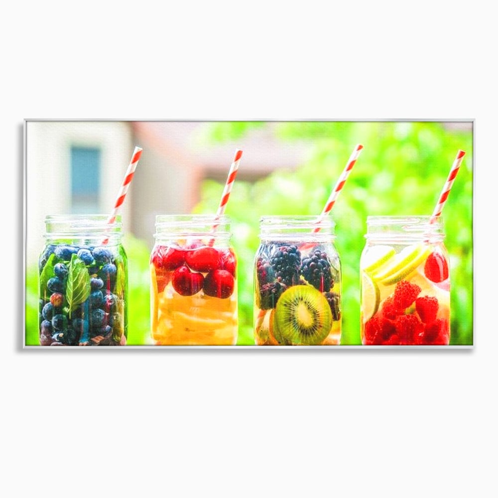 Tablou canvas cu patru borcane cu limonada de fructe, in rama de aluminiu argintiu
