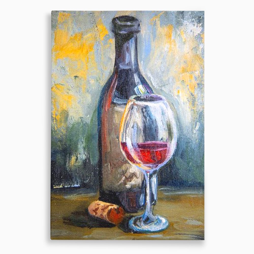 Tablou canvas cu pictura cu sticla de vin si pahar, fara rama, pe sasiu de lemn