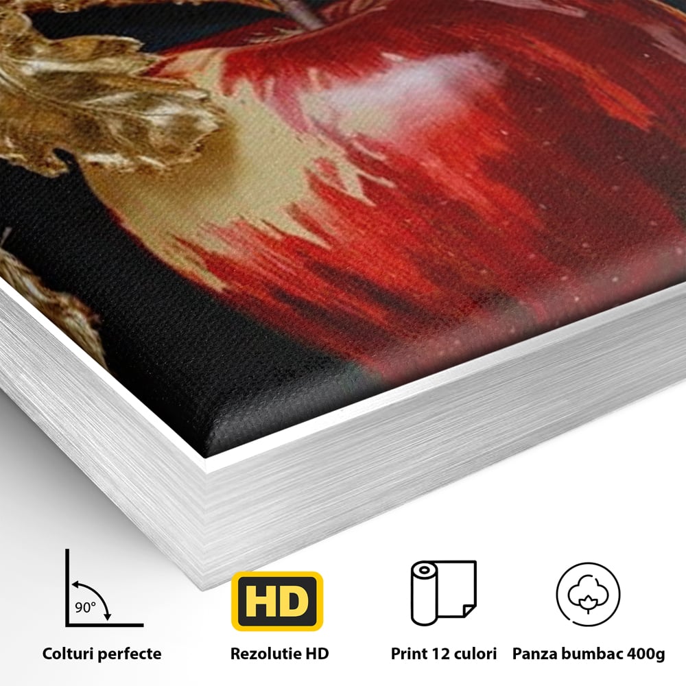 Detaliu al suprafetei: tablou canvas cu mar rosu si frunze aurii, in rama de aluminiu argintiu