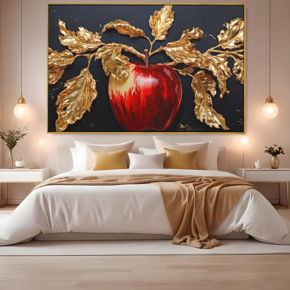 Tablou canvas cu tablou canvas cu mar rosu si frunze aurii, in rama de aluminiu auriu, pe perete intr-un dormitor