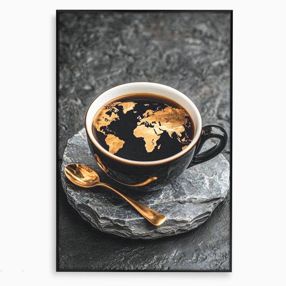 Tablou canvas cu tablou canvas cu ceasca de cafea si harta lumii, in rama de aluminiu negru