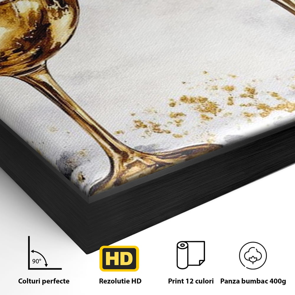 Detaliu al suprafetei: tablou canvas cu doua pahare de vin, in rama de aluminiu negru