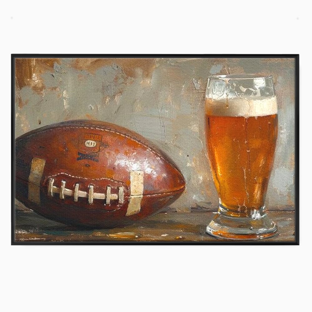 Tablou canvas cu pictura cu minge de fotbal si pahar de bere, in rama de aluminiu negru