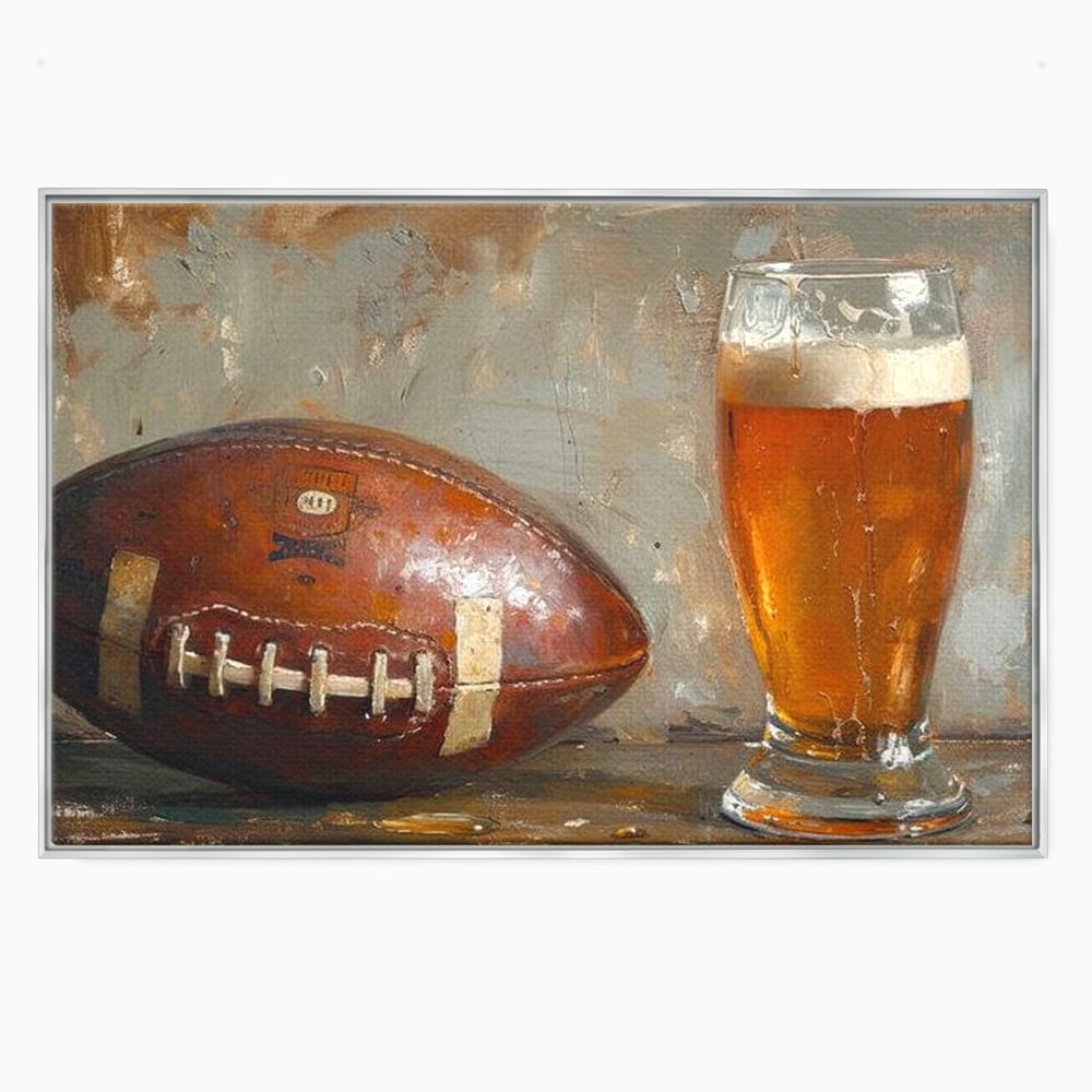 Tablou canvas cu pictura cu minge de fotbal si pahar de bere, in rama de aluminiu argintiu