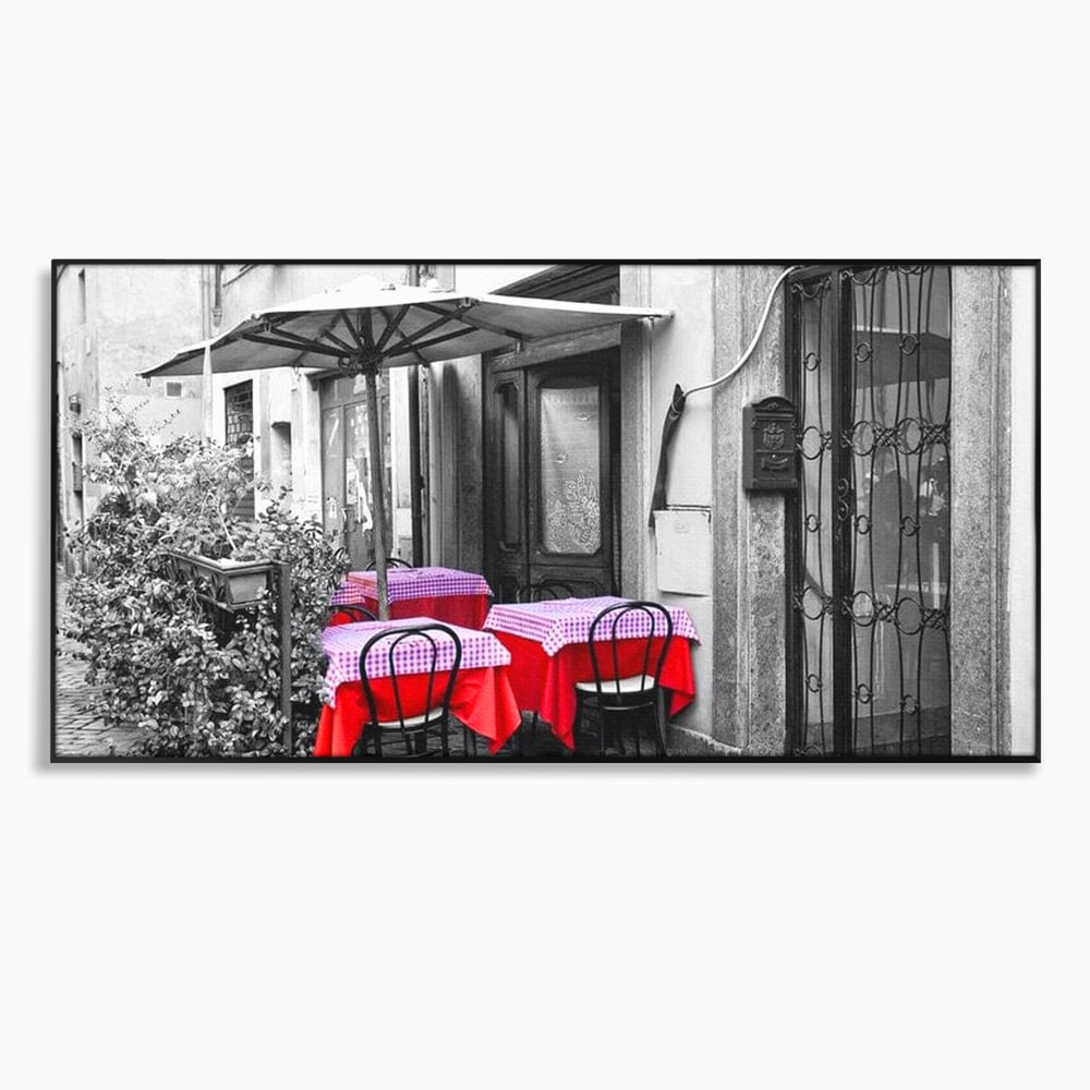 Tablou canvas cu cafenea stradala vintage alb negru cu pete de rosu, in rama de aluminiu negru