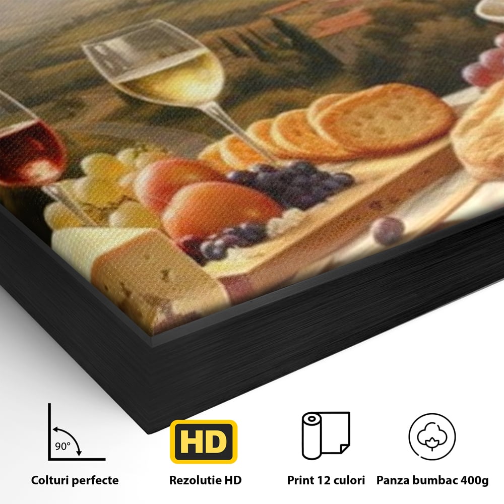 Detaliu al suprafetei: tablou canvas cu peisaj tomnatic si masa imbelsugata, in rama de aluminiu negru