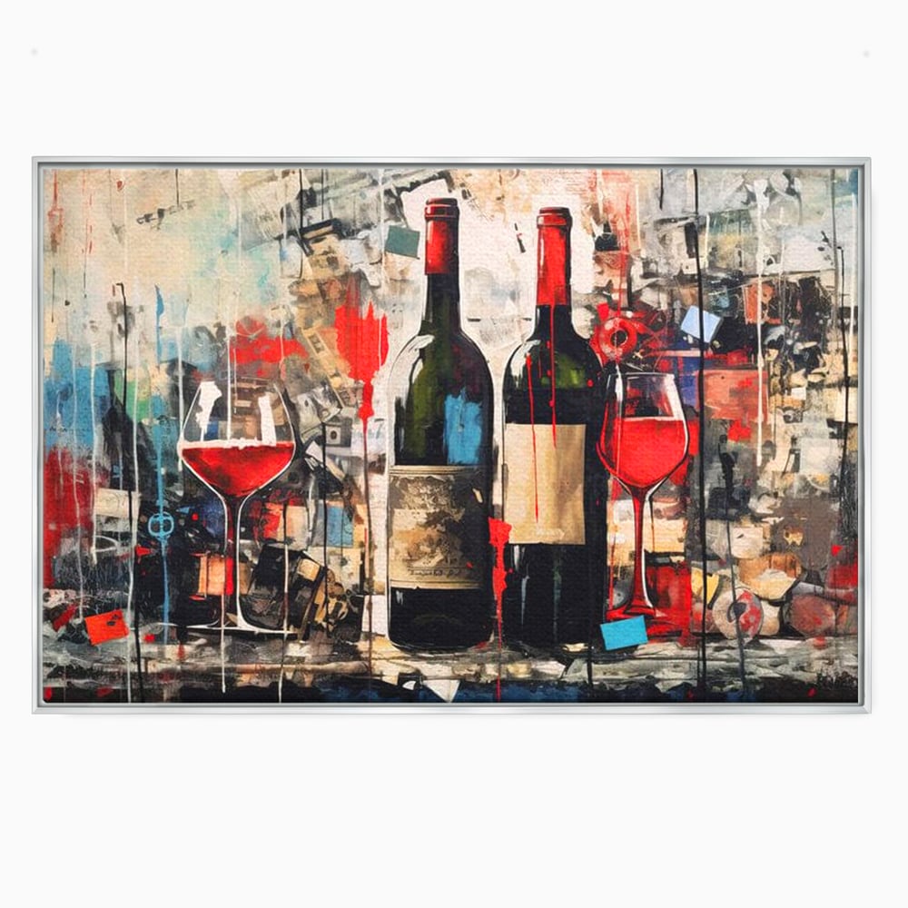 Tablou canvas cu pictura abstracta cu sticle si pahare de vin, in rama de aluminiu argintiu