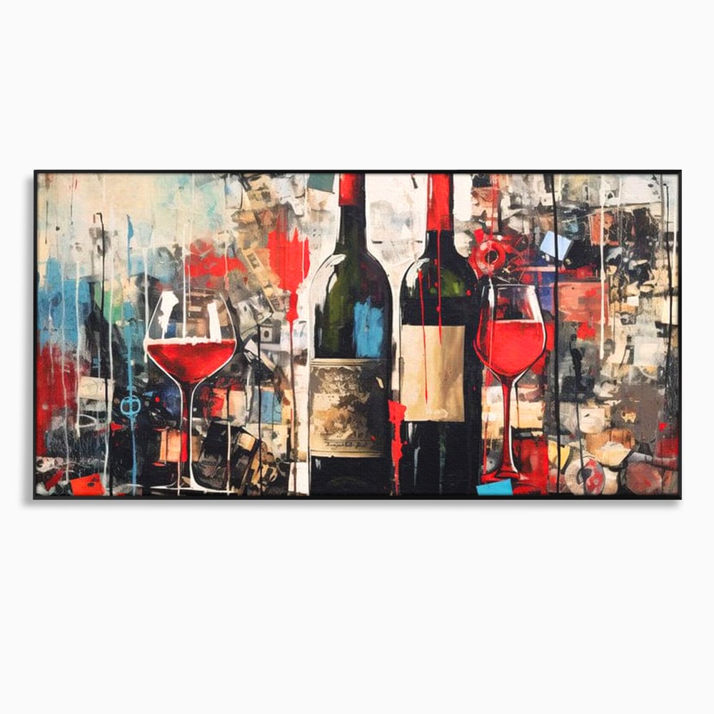 Tablou canvas cu pictura abstracta cu sticle si pahare de vin, in rama de aluminiu negru