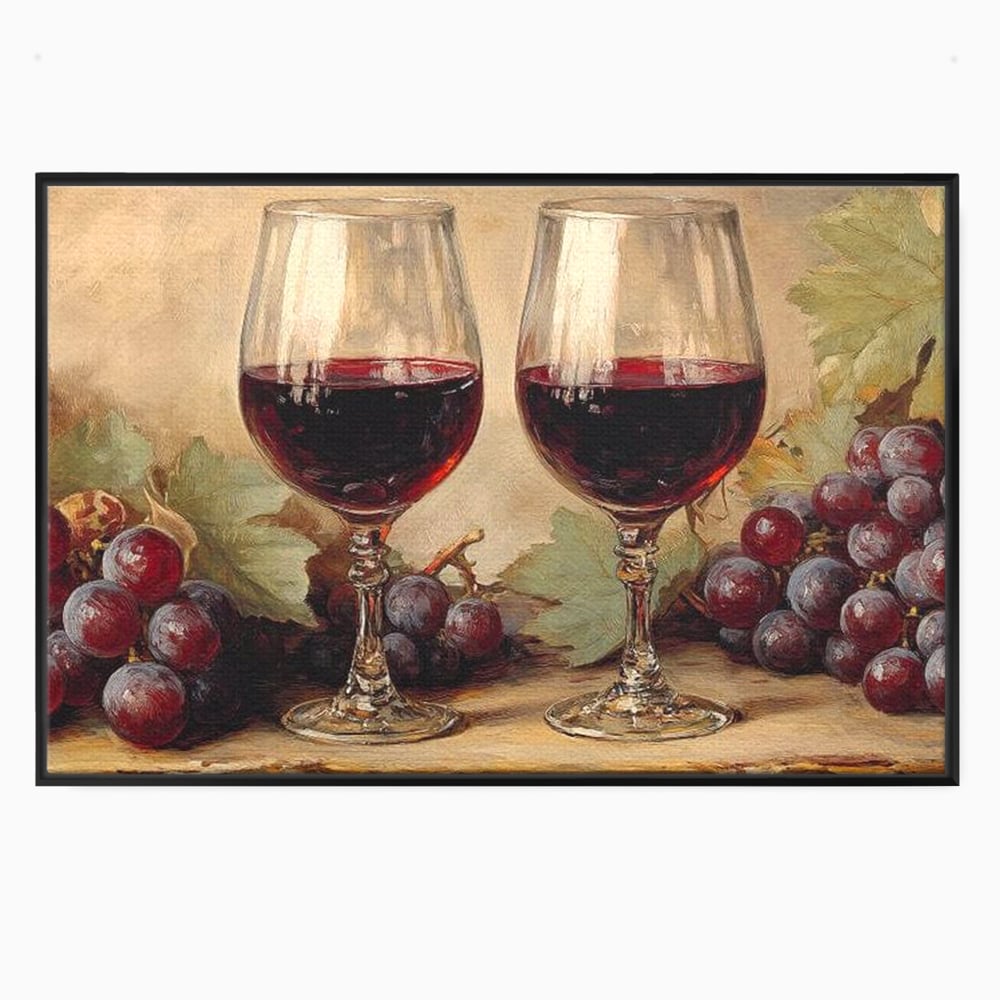 Tablou canvas cu pictura cu doua pahare de vin rosu, in rama de aluminiu negru