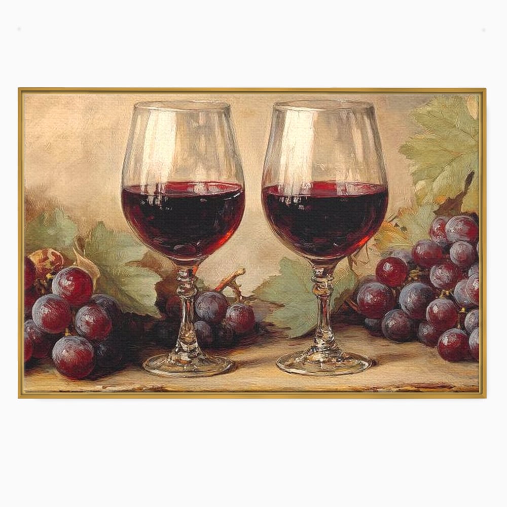 Tablou canvas cu pictura cu doua pahare de vin rosu, in rama de aluminiu auriu