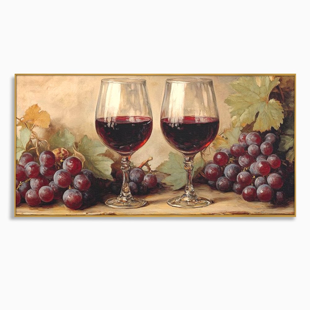 Tablou canvas cu pictura cu doua pahare de vin rosu, in rama de aluminiu auriu