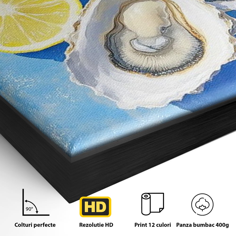 Detaliu al suprafetei: pictura stridii deschise cu lamaie pe fundal albastru, in rama de aluminiu negru