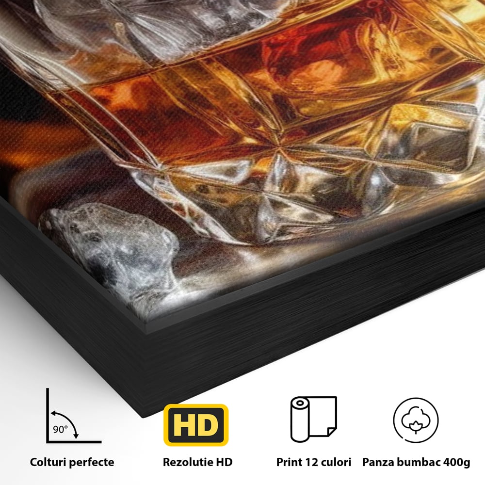 Detaliu al suprafetei: tablou canvas cu pahar de whisky si foc, in rama de aluminiu negru