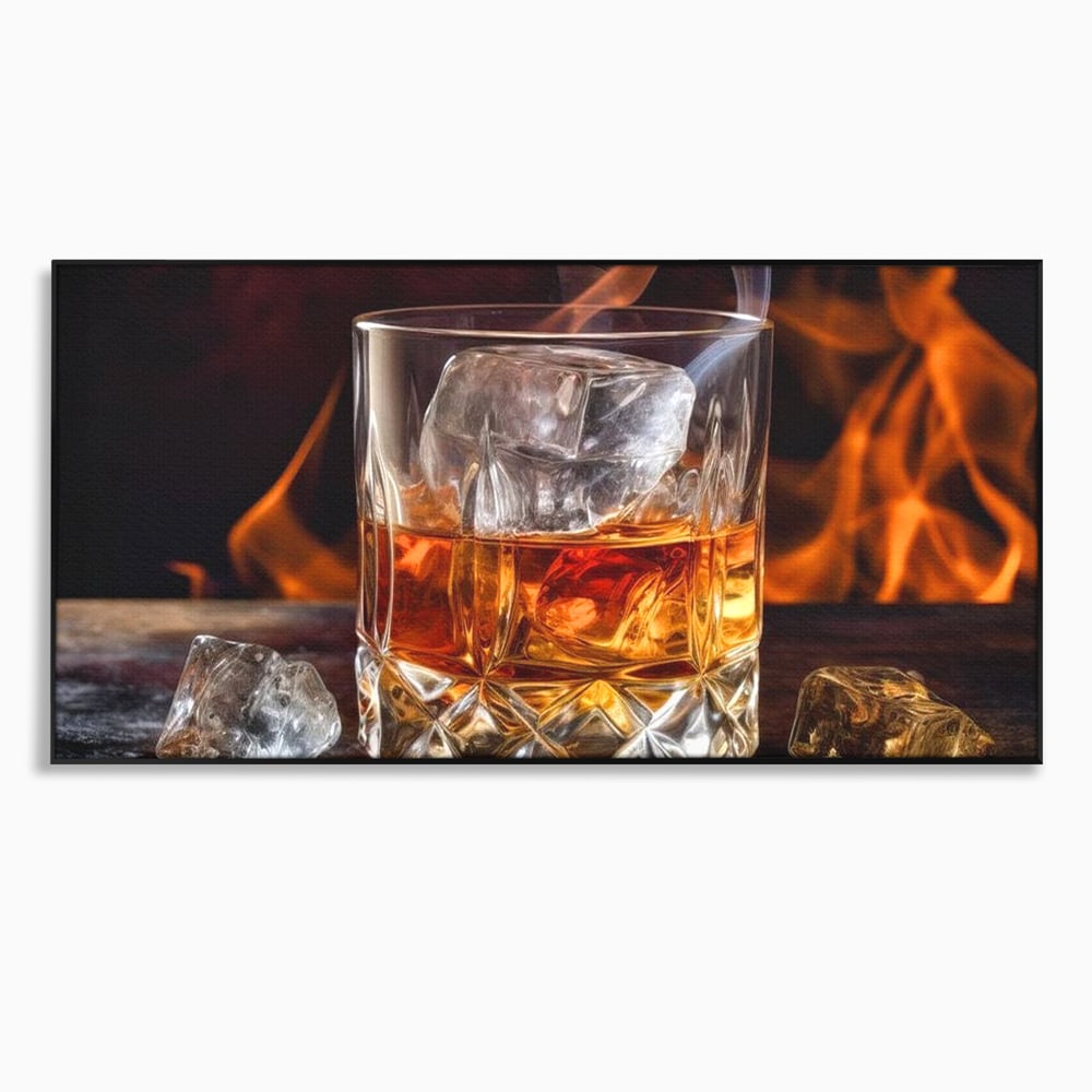 Tablou canvas cu tablou canvas cu pahar de whisky si foc, in rama de aluminiu negru