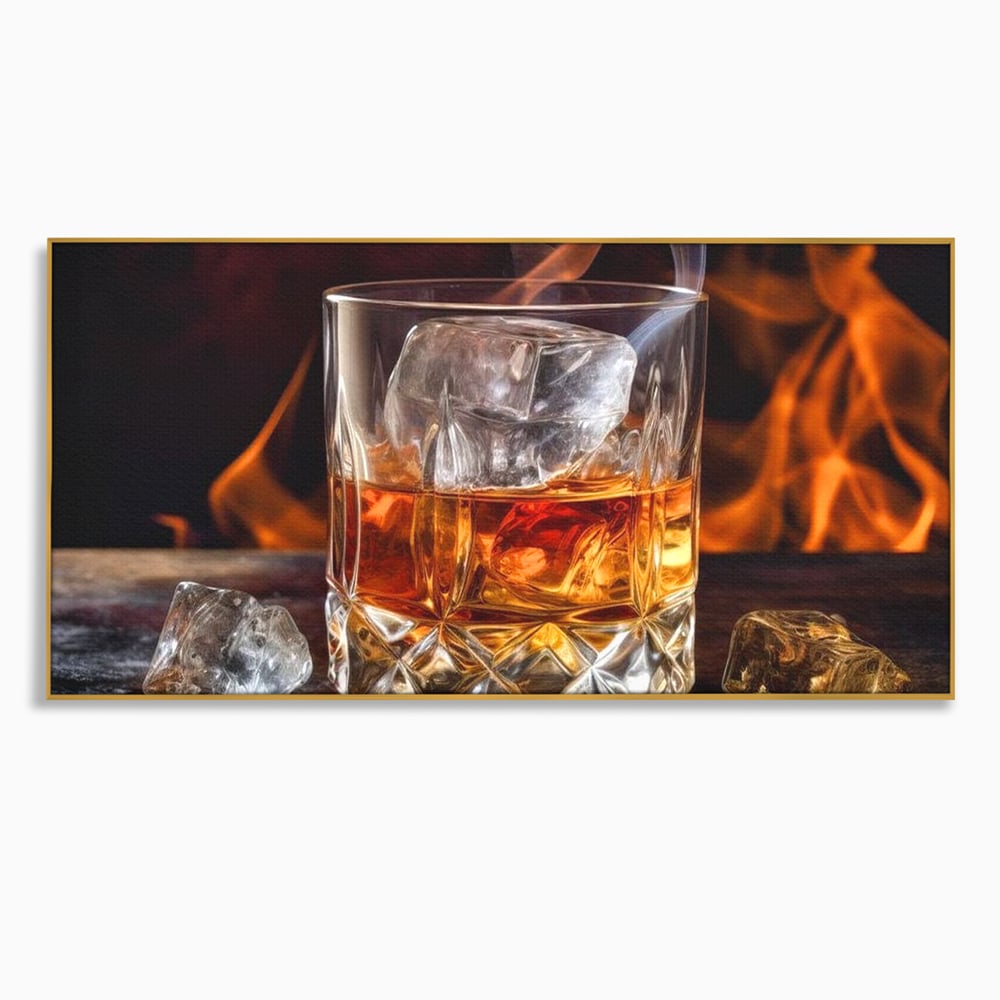 Tablou canvas cu tablou canvas cu pahar de whisky si foc, in rama de aluminiu auriu