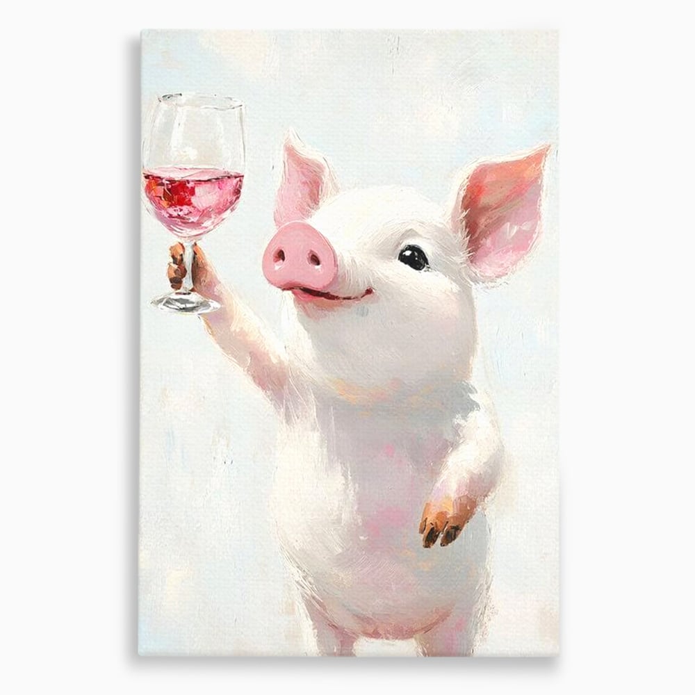 Tablou canvas cu tablou canvas cu purcelus si pahar de vin, fara rama, pe sasiu de lemn