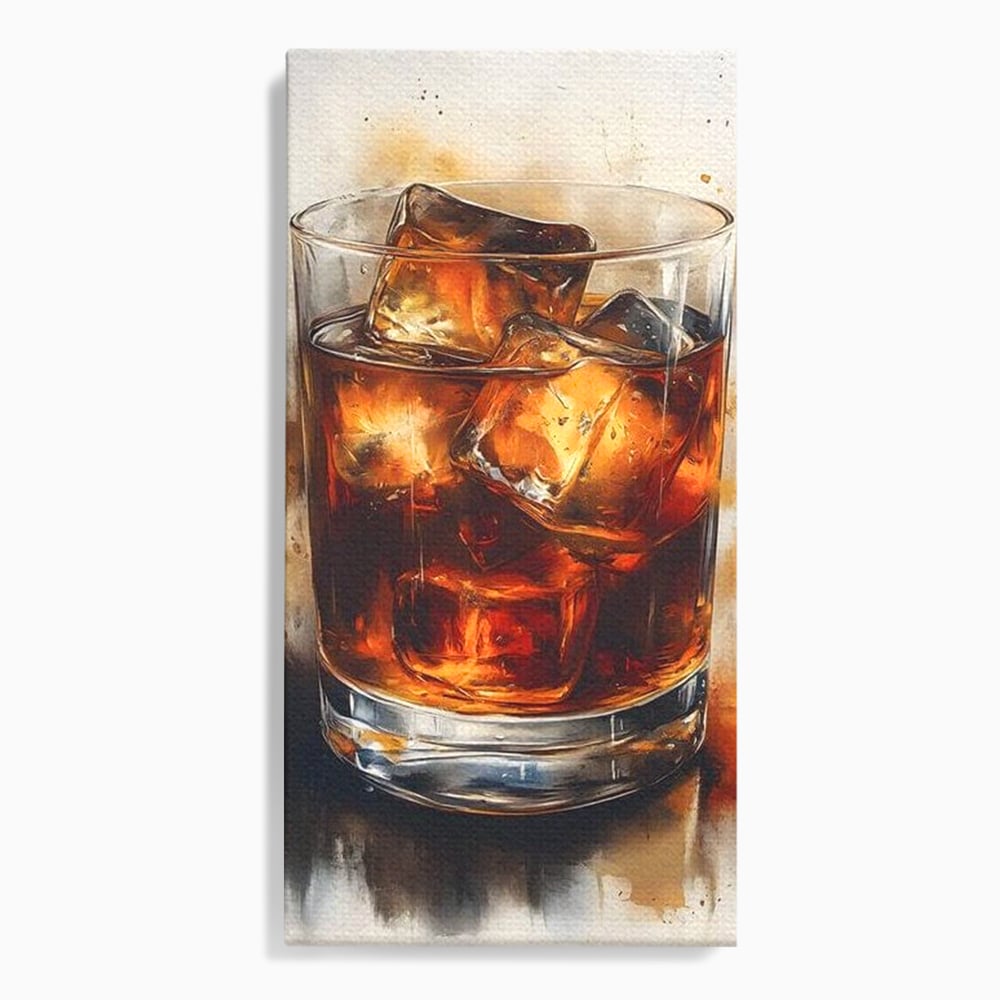 Tablou canvas cu tablou pictura pahar whisky cu gheata, fara rama, pe sasiu de lemn