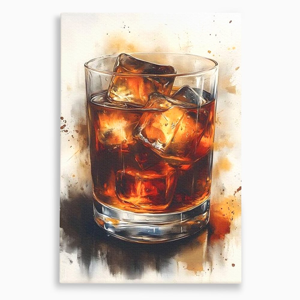 Tablou canvas cu tablou pictura pahar whisky cu gheata, fara rama, pe sasiu de lemn