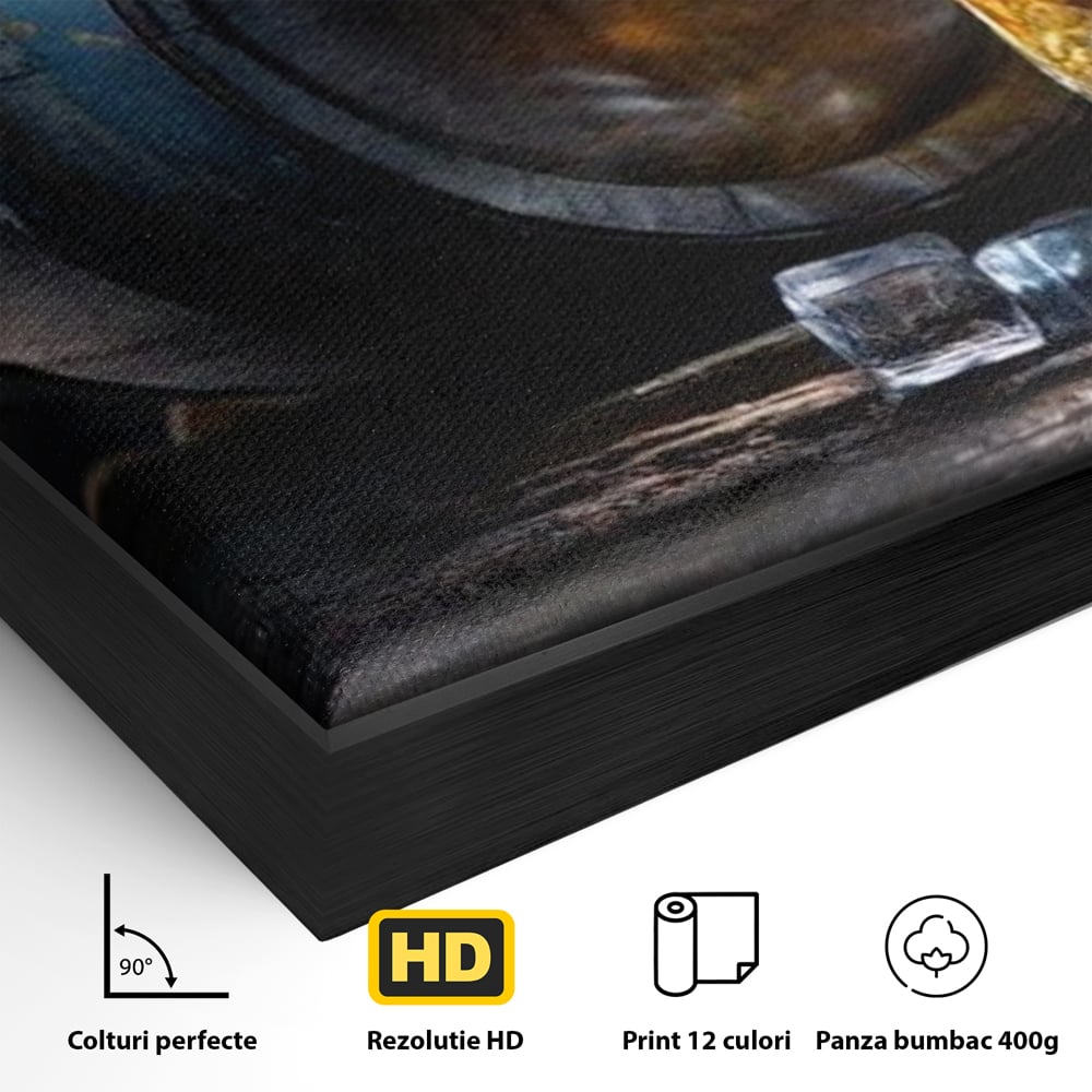 Detaliu al suprafetei: tablou canvas cu butoi de whisky si pahar cu gheata, in rama de aluminiu negru