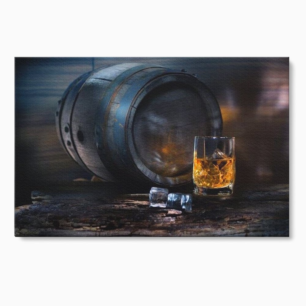 Tablou canvas cu tablou canvas cu butoi de whisky si pahar cu gheata, fara rama, pe sasiu de lemn