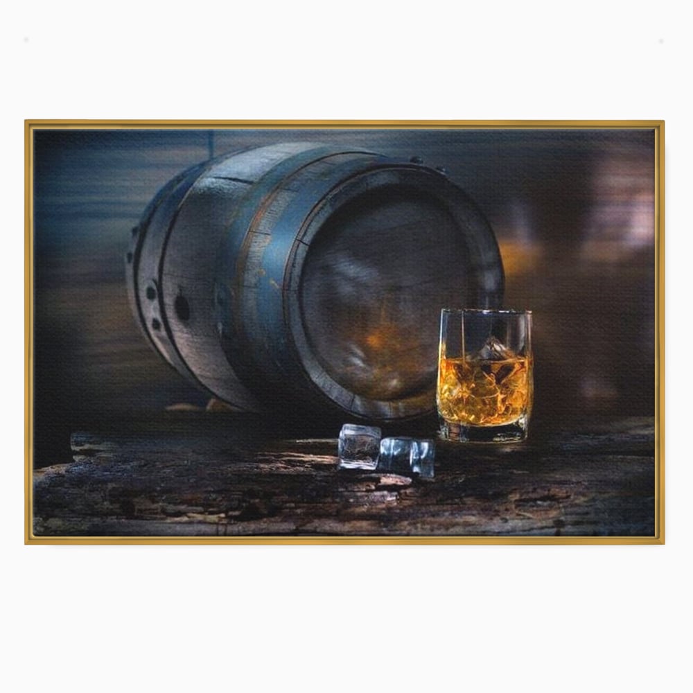 Tablou canvas cu tablou canvas cu butoi de whisky si pahar cu gheata, in rama de aluminiu auriu