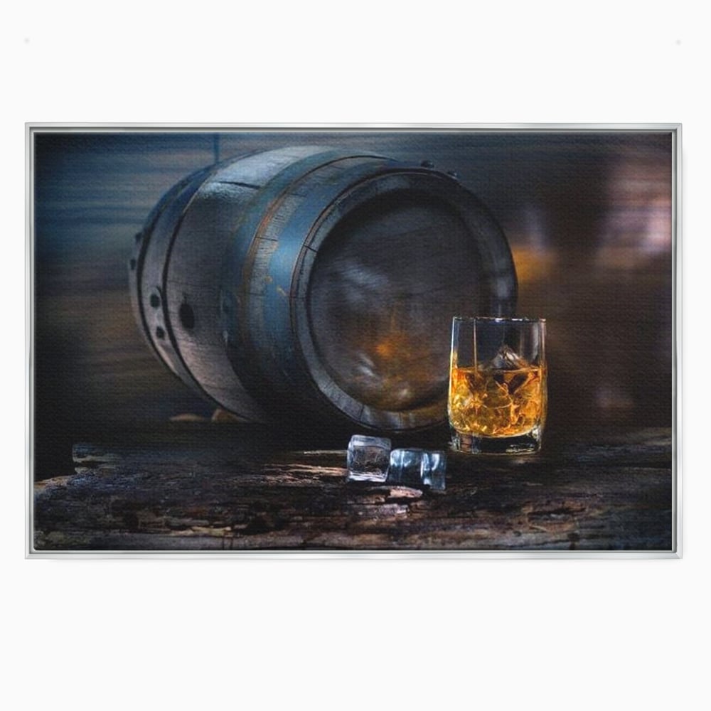 Tablou canvas cu tablou canvas cu butoi de whisky si pahar cu gheata, in rama de aluminiu argintiu