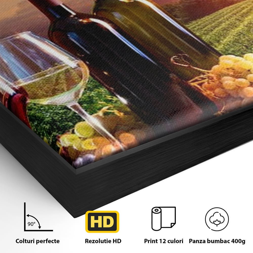 Detaliu al suprafetei: tablou canvas cu podgorie si vin, in rama de aluminiu negru