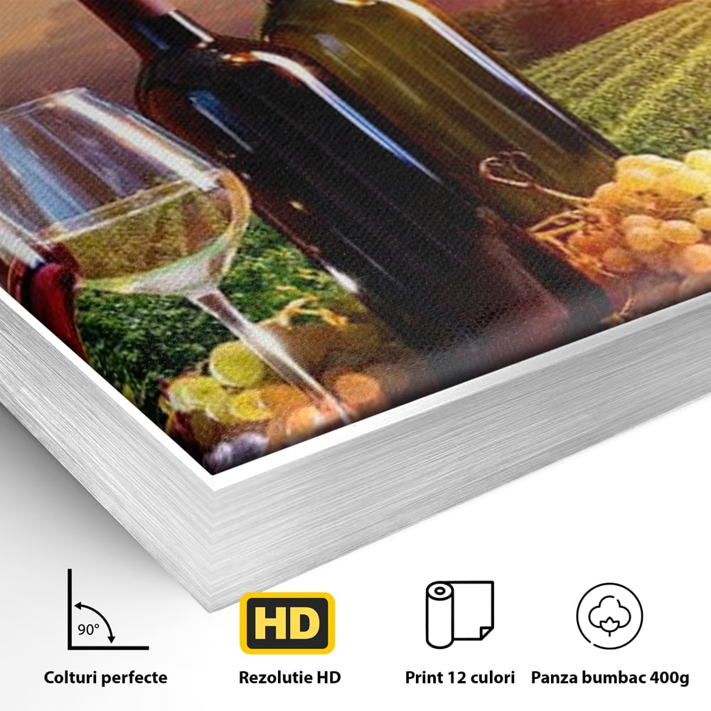 Detaliu al suprafetei: tablou canvas cu podgorie si vin, in rama de aluminiu argintiu