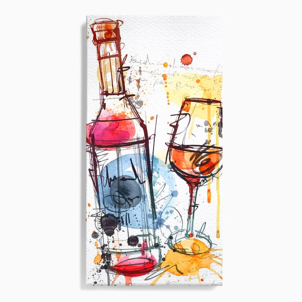 Tablou canvas cu tablou canvas cu sticla si pahar de vin, fara rama, pe sasiu de lemn