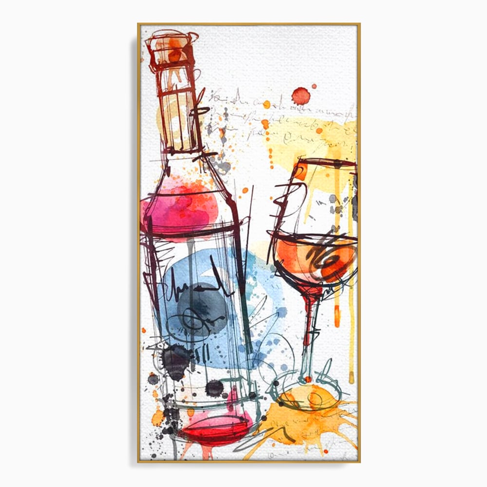 Tablou canvas cu tablou canvas cu sticla si pahar de vin, in rama de aluminiu auriu