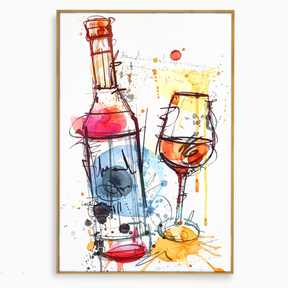 Tablou canvas cu tablou canvas cu sticla si pahar de vin, in rama de aluminiu auriu