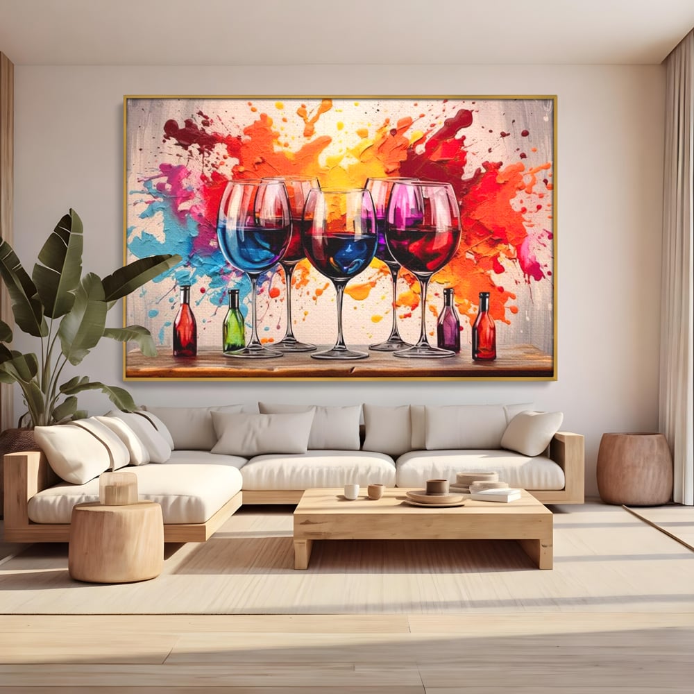 Tablou canvas cu pictura cu pahare de vin si pete, in rama de aluminiu auriu, pe perete intr-un living